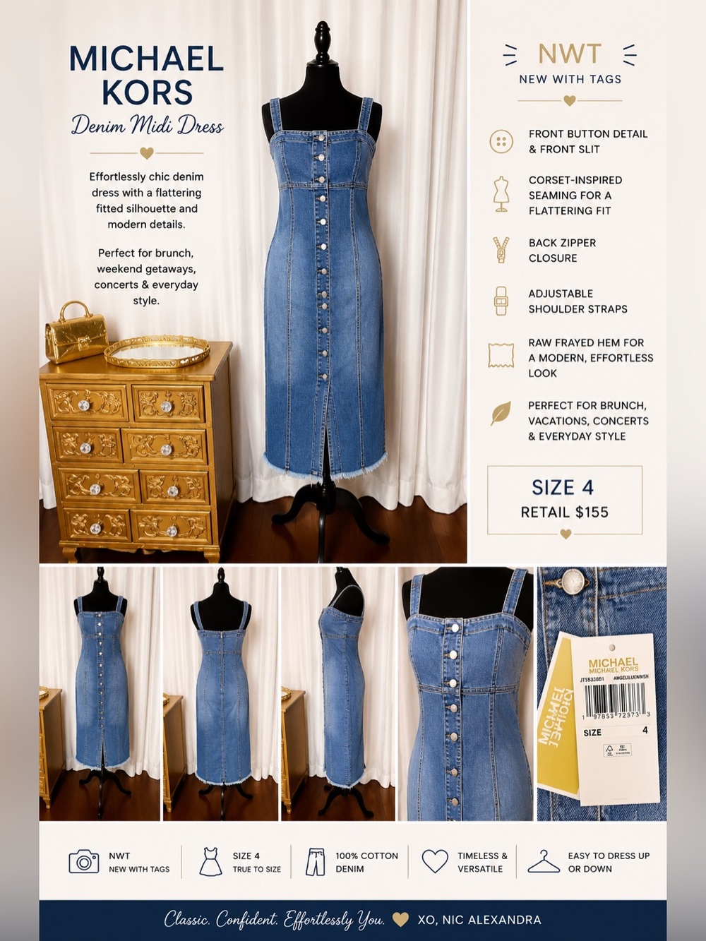 NWT Michael Kors Denim Midi Dress Size 4 Button Front Frayed Hem Corset Seam